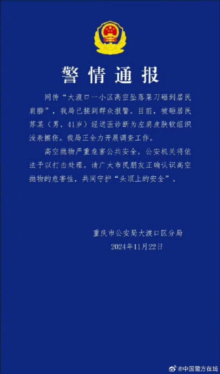 重庆警方称将全力调查高空坠落菜刀