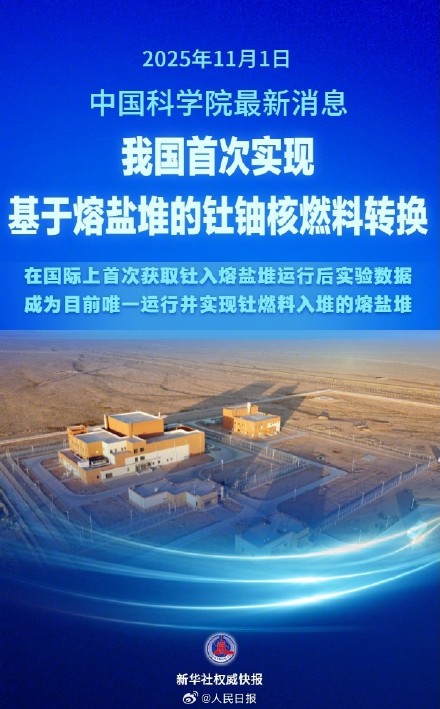 我国首次实现基于熔盐堆的钍铀核燃料转换