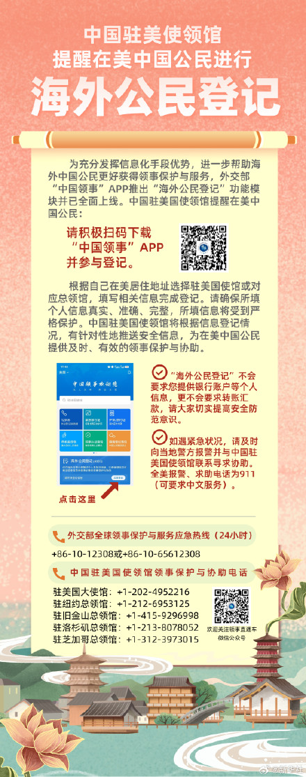 中国驻美国大使馆提醒在美中国公民进行海外公民登记 中国驻美国大使馆提醒在美中国公民进行海外公民登记