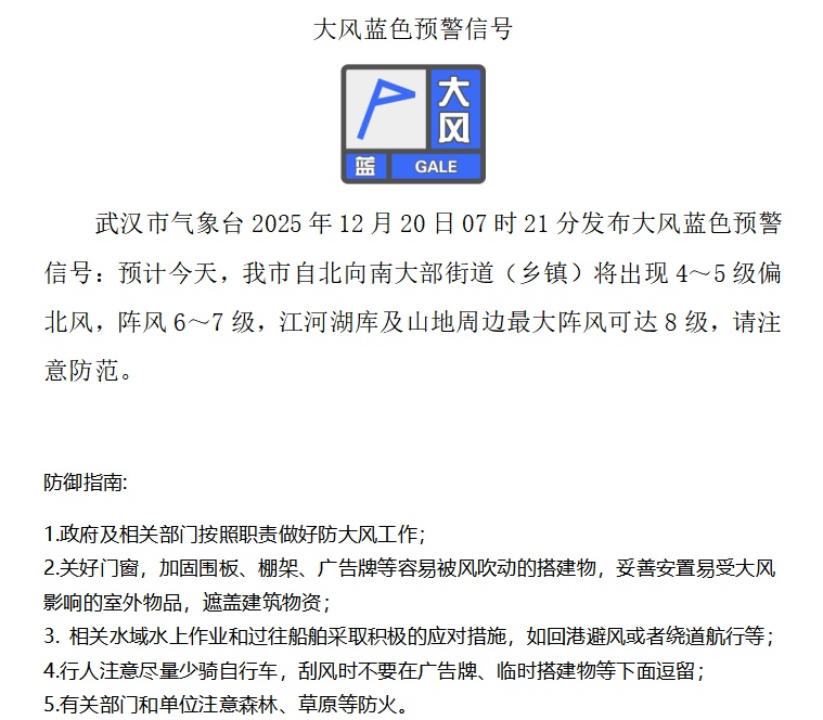 湖北发布大风蓝色省级预警 湖北发布大风蓝色省级预警
