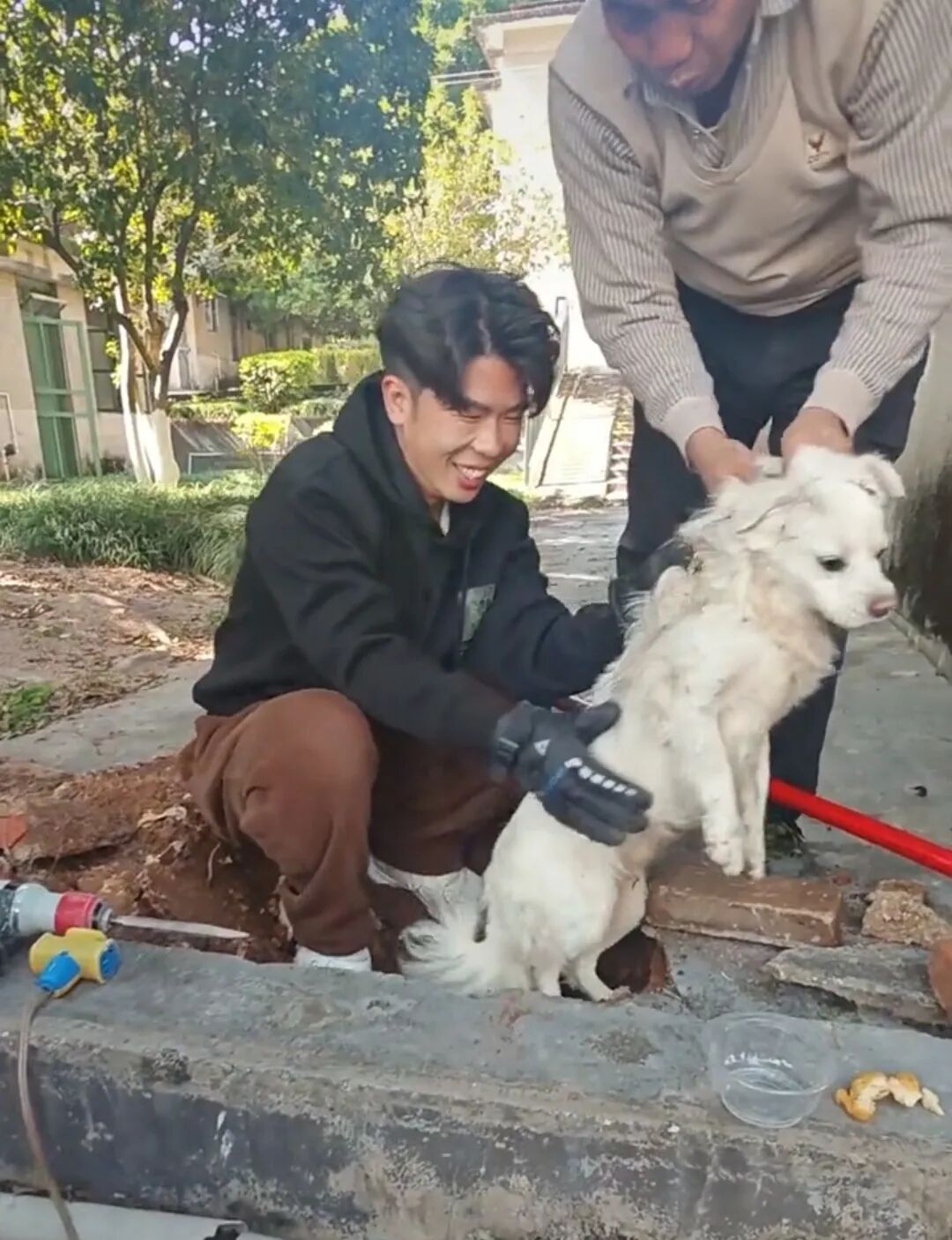 小狗钻排水口被卡，师生合力救援，网友：这是最好的招生简章
