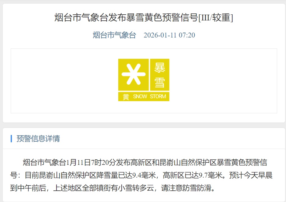 烟台市气象台发布暴雪黄色预警！