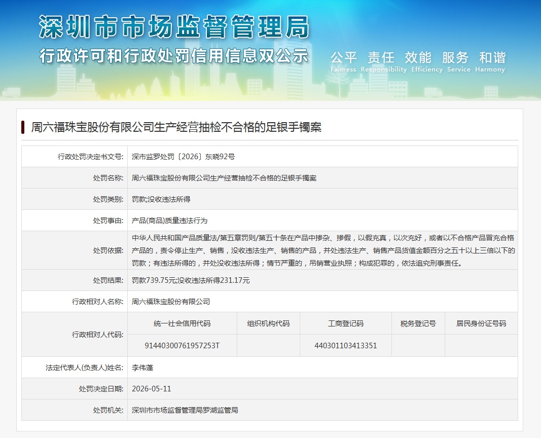 周六福回应“抽检不合格足银手镯” 周六福回应“抽检不合格足银手镯”
