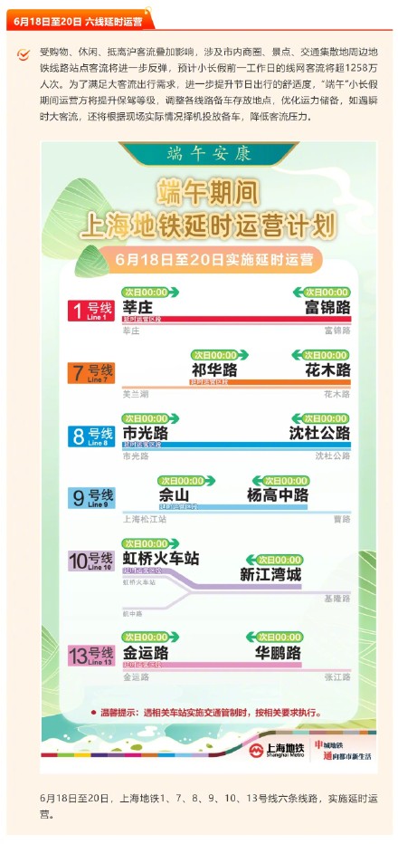 六线延时运营、四线定点加开!上海地铁端午假期运营方案来了 六线延时运营、四线定点加开!上海地铁端午假期运营方案来了