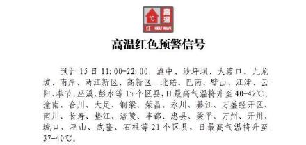 高温红色预警又来了!重庆15个区县日最高气温将升至40-42°C 高温红色预警又来了!重庆15个区县日最高气温将升至40-42°C