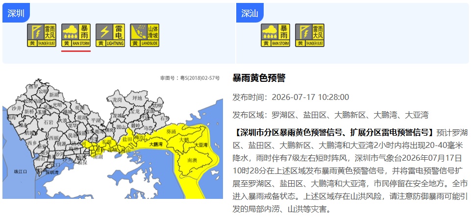 请注意!深圳分区暴雨黄色预警信号生效中 请注意!深圳分区暴雨黄色预警信号生效中